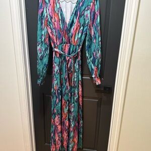 Vibrant Teal & Coral Printed Wrap Maxi Dress